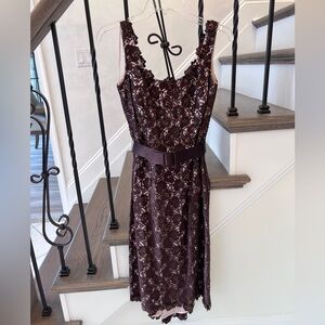 JS Boutique Lace Dress Brown w/ Pink Lining Belted Size 8